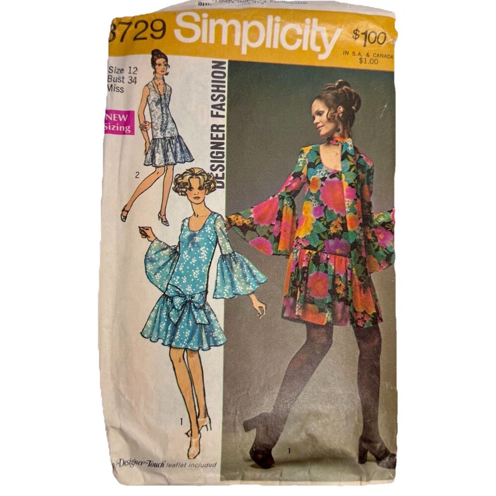 70s Simplicity Pattern 8729 Misses Designer Dress & Scarf Sz 10 B 32.5" Complete